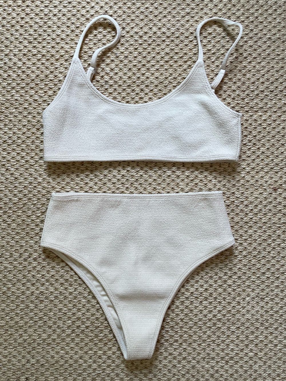 TJ SWIM Ivory Cream Textured Bikini Set High Waisted Bottoms size L/M